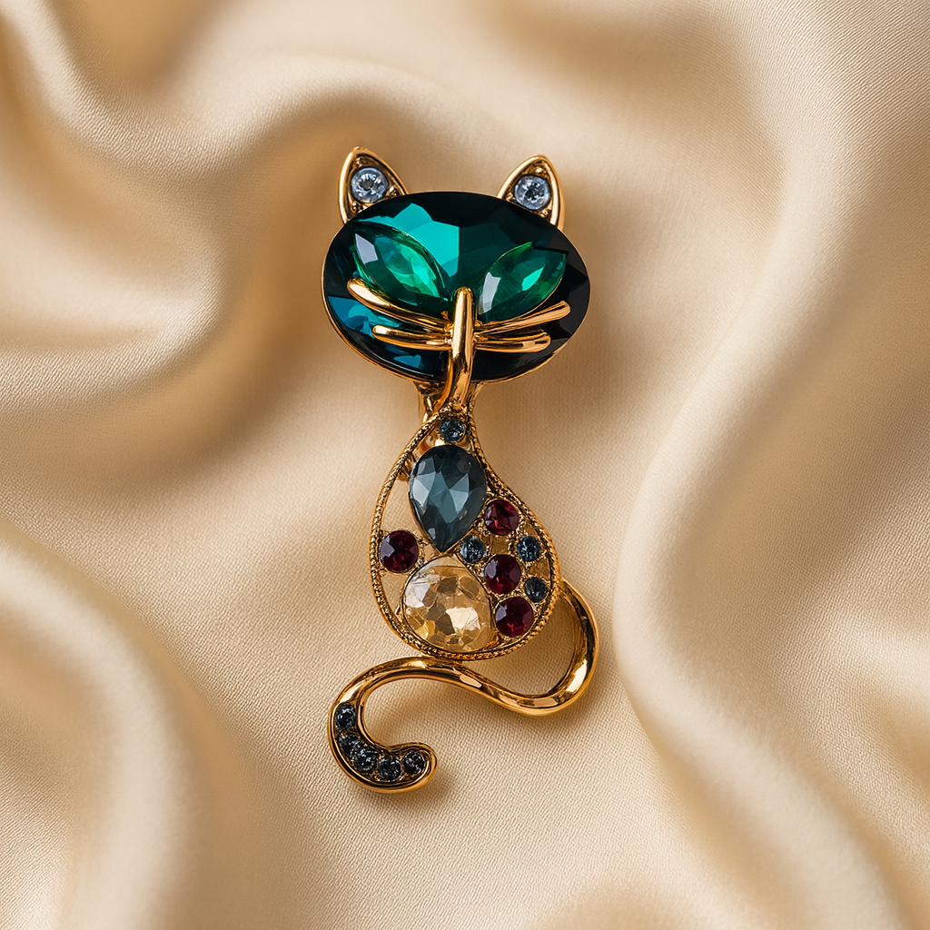 Broche Chat des Émeraudes sur soie