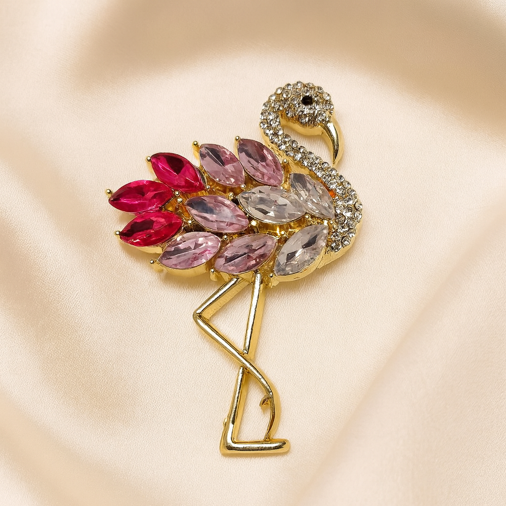 Broche Dorée Flamant Rose sur Soie